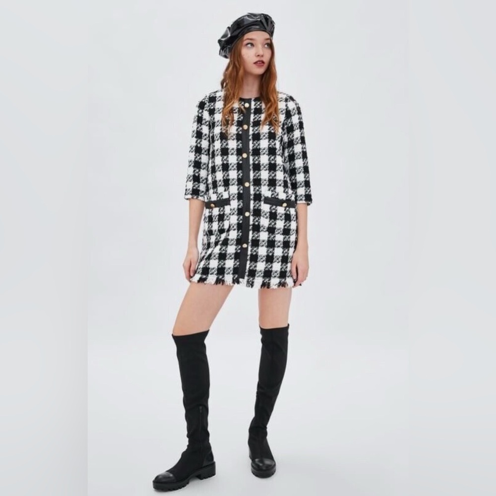 ZARA TRF Black and White short tweed dress with leather trims size large